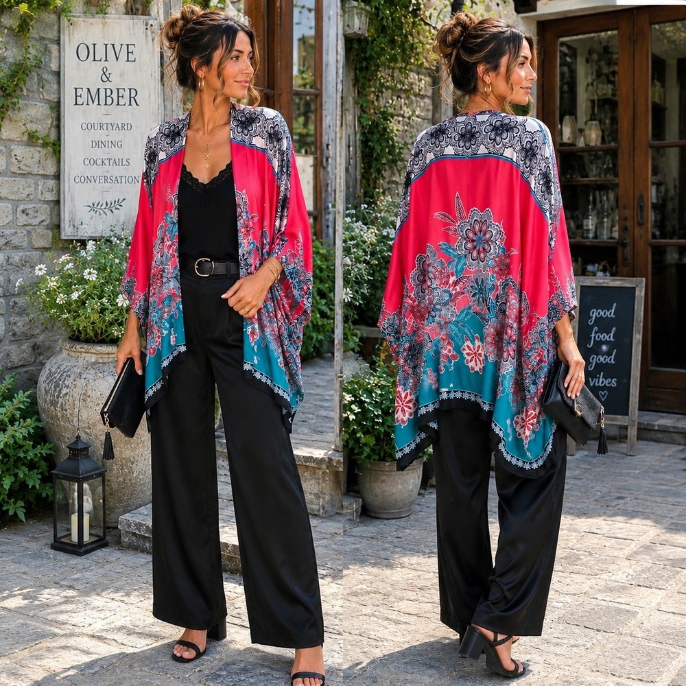 Catherines 2X/3X Floral Print Open Front Kimono Cover Up NWOT